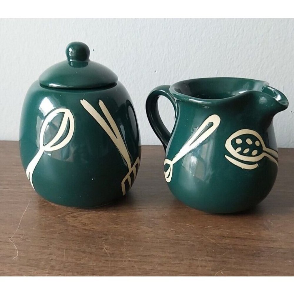 vintage glass cream and sugar sets with kitchen type hand painted decals